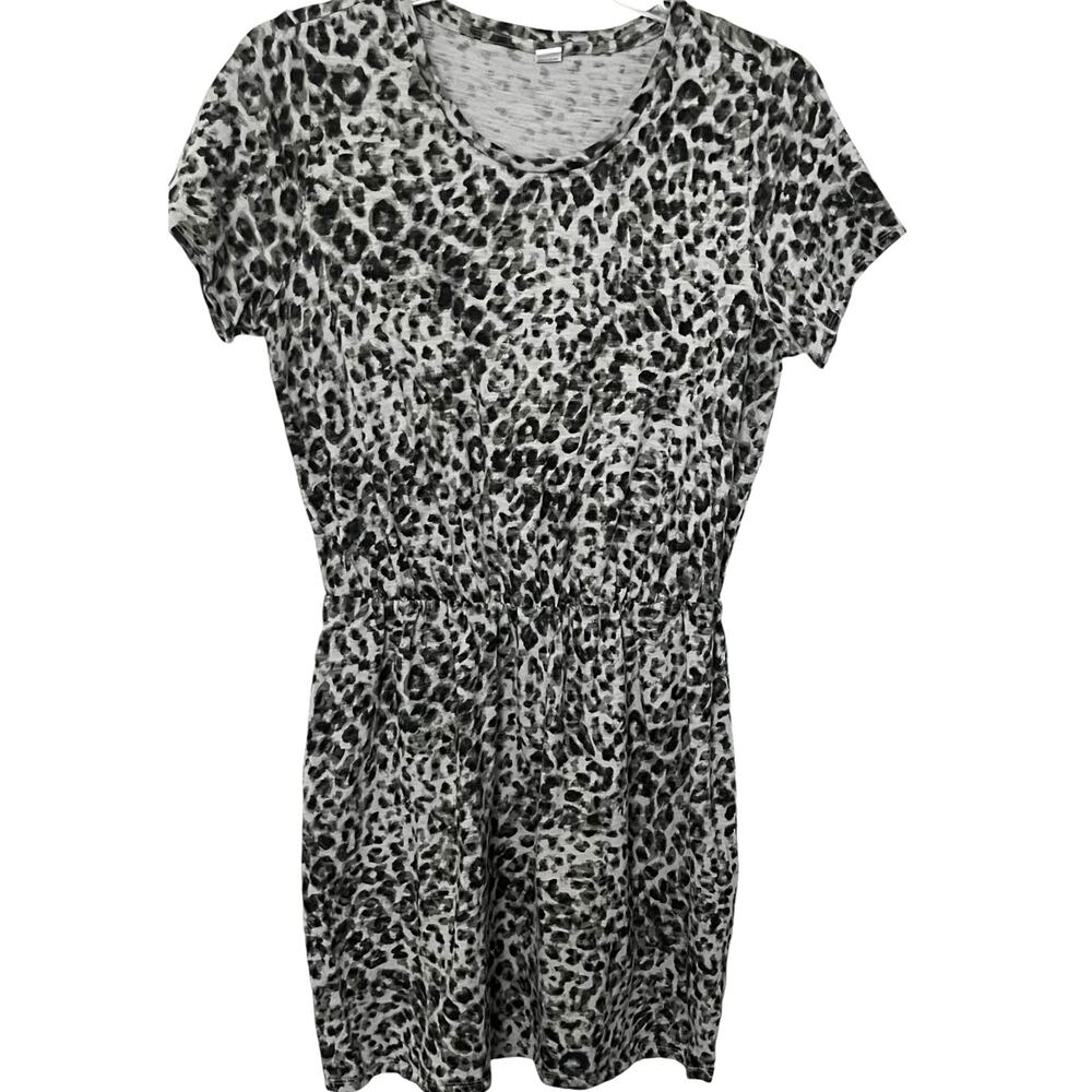OLD NAVY SHORT SLV MIDI FIT & FLARE WAIST DRESS, WOMENS, L, GREY/BLACK LEOPARD